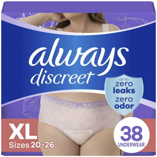 Always Discreet Adult Incontinence Underwear for Women and Postpartum Underwear, XL, Up to 100% Bladder Leak Protection, 38 CT