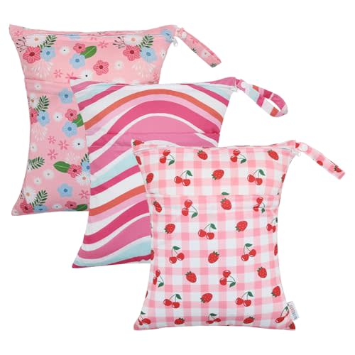 ALVABABY 3pcs Cloth Diaper Wet Dry Bags Waterproof Reusable with Two Zippered Pockets Travel Beach Pool Daycare Soiled Baby Items Yoga Gym Bag for Swimsuits or Wet Clothes 3L-ZM22A