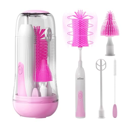 Electric Bottle Brush Cleaner, Portable Electric Baby Bottle Brush Cleaner for Travel, Rechargable Travel Bottle Cleaner Kit with Nipple & Straw Brush, Perfect Mom Essentials After Birth Gift, Pink