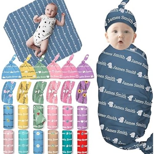 Personalized Swaddle Blanket Baby Boy Girl with Bow Headband and Hat Set Custom Baby Blanket with Name Customized Baby Gifts