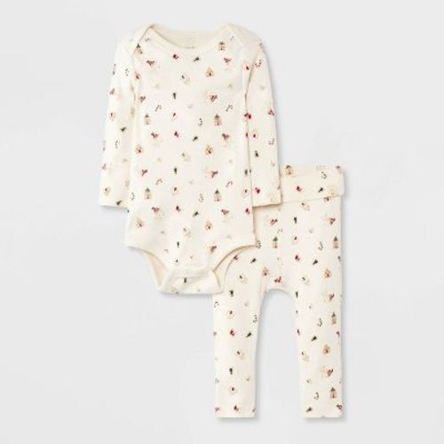 Baby 2pc Peanuts Little Snoopy Christmas Bodysuit and Pants Set - Ivory