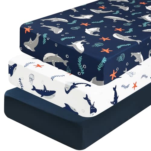 PHF 3 Pack Soft Shark Crib Sheets Fitted, Comfy Breathable Baby Sheets for Boys, 28x52 Inches Fits Standard Crib and Toddler Mattresses, Shark