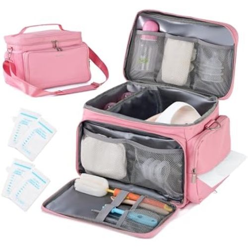 Breast Pump Bag Fit for Spectra S1 and S2, Breast Pumping Bag with Waterproof Mat and 4PCs Zip Plastic Bags for Milk, Portable Pump Carrying Case for Work, Travel and Family Use (Pink)