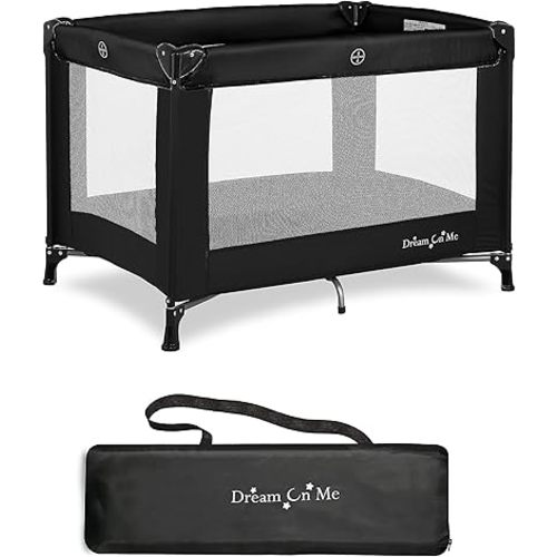 Dream On Me Nest Portable Playard in Black with Carrybag an Shoulder Strap, Lightweight, Packable and Easy Setup Baby Playard, Breathable Mesh Sides and Soft Fabric - Comes with a Removable Padded Mat