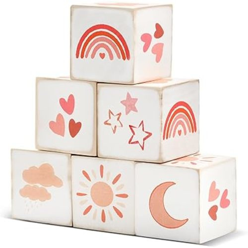 Kigley 6 Pcs Rainbow Nursery Décor for Girls and Boys Nursery Decor Watercolor Shelf Decor Muted Rainbow for Minimalist Nursery - Neutral Moon, Stars, Clouds Baby Blocks for Bedroom Playroom Gifts