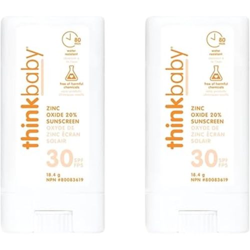 Thinkbaby SPF 30 Sunscreen Stick – Water Resistant Sun Cream for Babies, Kids and Adults – Mineral Sun Protection Travel Stick, 0.64 ounce (Pack of 2)
