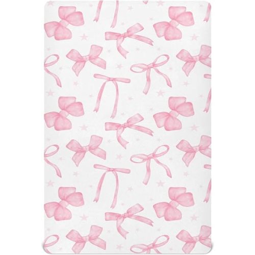 Fitted Crib Sheets Coquette Watercolor Pink Bow Stretchy Portable Playard Sheets for Baby Toddler, Breathable Soft Mini Crib Mattress 39 x 27 in for Boys and Girls