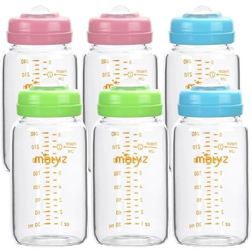 Matyz Glass Breastmilk Storage Bottles, 6 Pack, 8 oz, Compatible With Spectra Medela Breast Pump - Freezer Safe Storage Bottles Set - Wide Mouth Breastmilk Storage Containers - BPA Free (3 Color Lids)