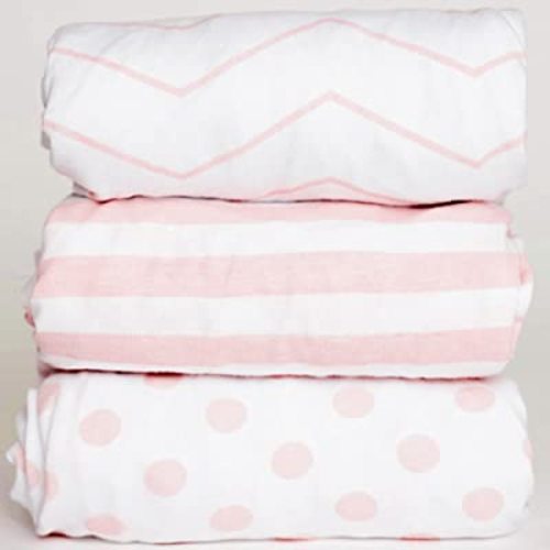 3 Fitted Bassinet Sheets Pink Set for Baby Girl - 100% Oeko-TEX Cotton - Chevron, Polka Dot and Stripe - for Cradle/Moses Basket Hourglass, Oval & Rectangle Mattress Sheet