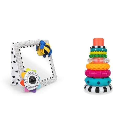 Sassy Tummy Time See Me Floor Mirror for Ages 0+ Months (80928) & Stacks of Circles Stacking Ring STEM Learning Toy, Age 6+ Months, Multi, 9 Piece Set