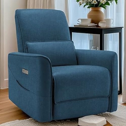 Nursery Glider Recliner Chair, Power Rocker Swivel Recliner with USB and Type-C Ports, Electric Reclining for Adults with Streamlined Side Pocket, and Lower Back Support for Living Room