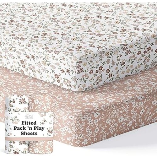 Pack and Play Sheets Fitted, Mini Crib Sheets for Graco Pack N Play Playard (38x26), Ultra Soft Organic Cotton Blend, Safe & Snug Playpen Mattress Sheet for Baby Boys & Girls – Fleurette, 2-Pack