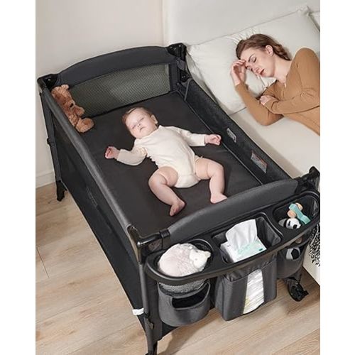 4 in 1 Baby Bassinet Bedside Sleeper, 4 Functions Crib, Playard, Portable Changing Table, Bassinet for Newborn Baby, Bedsaide Bed w/Wheels&Brakes