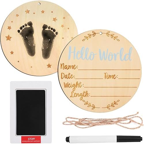 Baby Announcement Sign, 5.9 Inch Round Baby Nursery Name Signs with Ink Pad for Hand and Footprints Wooden Hello World Newborn Sign for Photo Prop(Blue)
