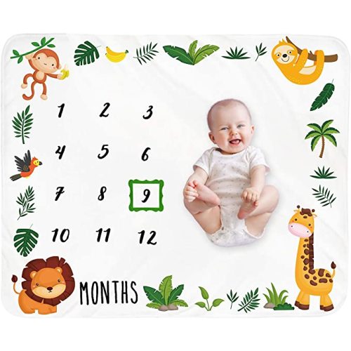 Baby Monthly Milestone Blanket Boy - Jungle Animals Neutral Newborn Month Blanket for Boy & Girl Personalized Shower Gift Safari Nursery Decor Photography Background Prop with Frame Large 51''x40''