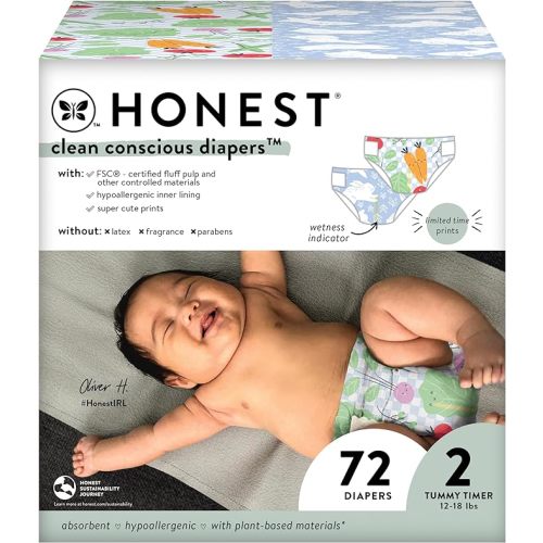 The Honest Company Clean Conscious Diapers | Plant-Based, Sustainable | Spring '24 Limited Edition Prints | Club Box, Size 2 (12-18 lbs), 72 Count - Size 2 (76 Count)