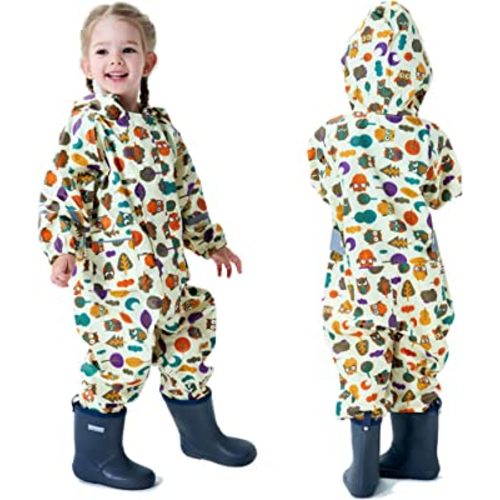 Kids Toddler Rain Suit for Boys Girls One Piece Hoodie Zipper Cartoon Waterproof Coverall Rain Jacket 1-10 Years