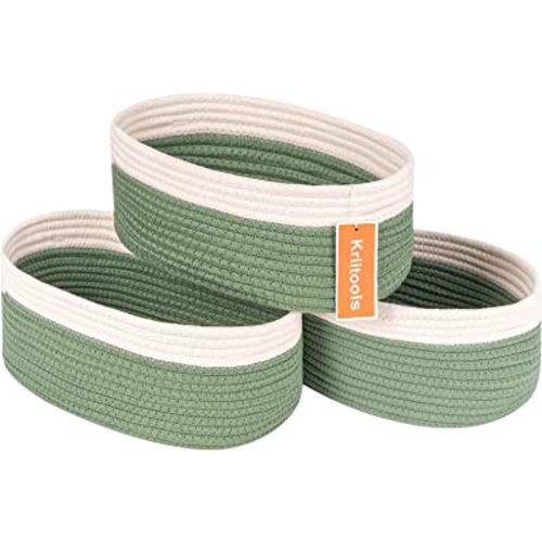 Shelf Storage Baskets for Organizing|Cute Basket for Closet&Blanket Storage|Small Woven Baskets to Store Toys,Books,etc.-13x8.66x5.11’’ Cotton Rope,Stylish,Oval 3 Packs Off White&Green