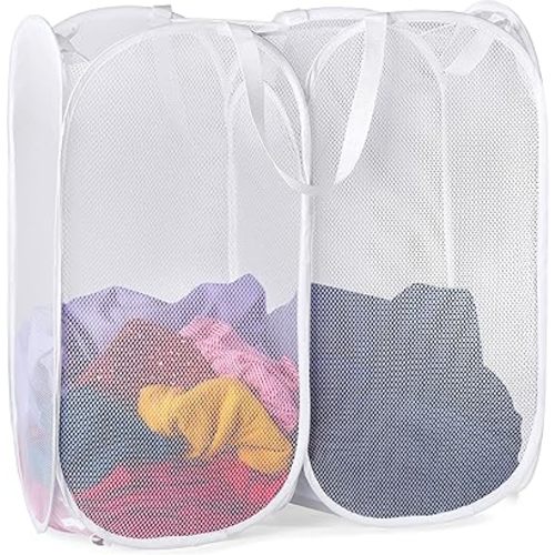 Handy Laundry Mesh Popup Hamper - Two Compartments, Collapsible for Storage and Easy to Open. Folding Pop-Up Clothes are Great for The Kids Room, College Dorm or Travel. (White)