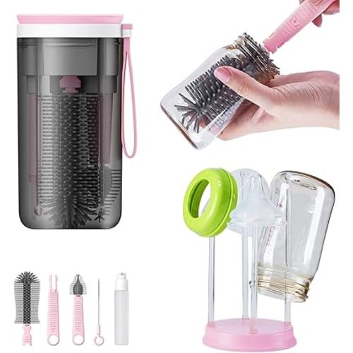 Baby Bottle Drying Rack for Travel,Portable Drying Rack and Bottle Brush Set for Working Mom, Visit Families, Friends or Camping,Pink
