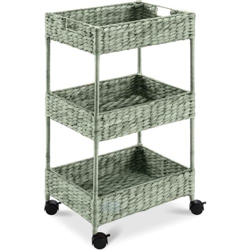Best Choice Products 3-Tier Water Hyacinth Rolling Nursery Caddy w/Wheels, Utility Cart, Storage Organization for Bathroom, Craft Room, Laundry Room - Sage