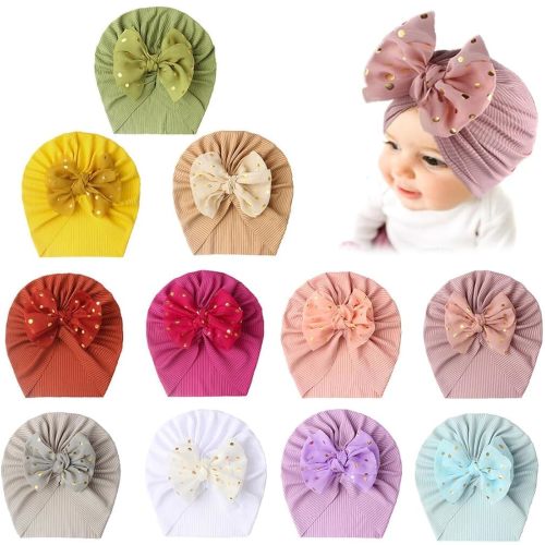 11PCS Baby Turban Hats, Baby Soft Bow Knot Cap Infant Toddler Hospital Hat Head Wrap 0-48 months