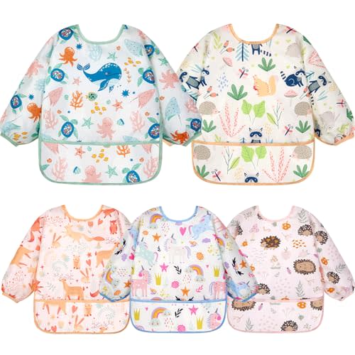 Lictin Long Sleeve Bibs 5 Pack - Baby Bibs, Waterproof Toddler Bibs, Baby Smock for Eating, Baby Bibs for Feeding Teething