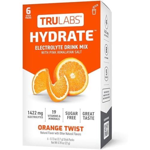 TruLabs Hydrate Orange Twist 6ct. Sugar Free Electrolytes Hydration Packets. Each Serving Contains 1422 mg of Electrolytes &19 Vitamins & Minerals.