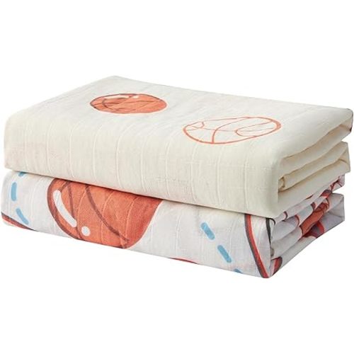 Bamboo Muslin Swaddle Blankets, 2 Pack 47x47 Inch Soft Breathable Hypoallergenic Baby Blanket, Basketball Fun