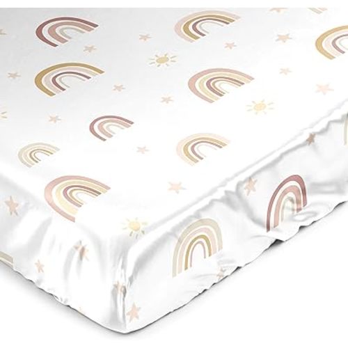 Sweet Jojo Designs Boho Rainbow Girl Baby Satin Fitted Crib Sheet Infant Newborn Nursery Toddler Bed Room Standard Mattress Blush Pink Yellow Bohemian Modern Neutral Vintage Rose Gold Beige Stars Sun