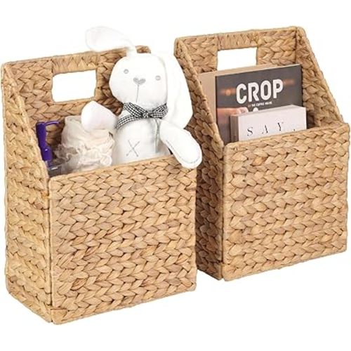 Wicker Hanging Storage Basket (10,5" Lx6,5 Wx13 H), Set of 2 Wall Baskets, Water Hyacinth Baskets, Wall Decor Hyacinth Basket Hanging for Organizing Files, Mails, Books, Accessories