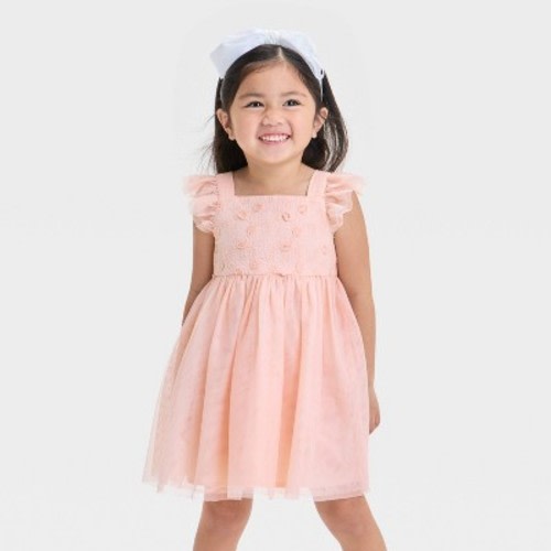 Toddler Girls' Embroidered Tulle Dress - Cat & Jack™ Light Pink 12M: Sleeveless A-Line, Square Back, Back Bow, Machine Washable