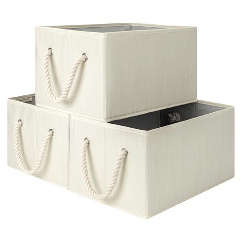 StorageWorks Large Storage Baskets for Organizing, Foldable Storage Baskets for Shelves, Fabric Storage Bins with Handles, Decorative Shelf Baskets, Beige, White & Ivory, 3-Pack
