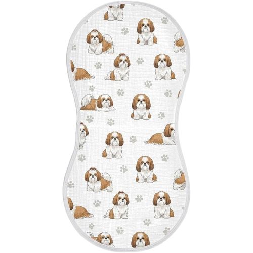 1 Pack Muslin Burp Cloths Shih Tzu Dogs White Cotton Baby Burp Cloths Ultra Absorbent Burping Cloth Soft Spit Up Rags for Baby Boys Girls 22x11 Inch