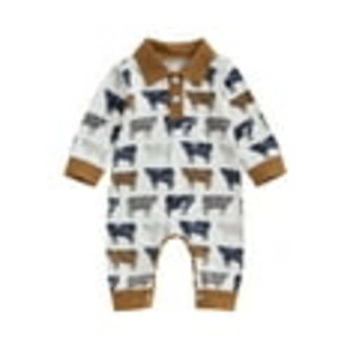 Cute Western Baby Boy Summer Clothes 3M 6M 9M 12M 18M Highland Cow Print Polo Romper Shorts Jumpsuit Cowboy Country Clothing