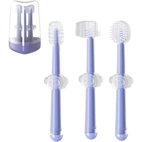PandaEar 3 Pack Silicone Toddler Toothbrushes 0 to 18 Months, Baby Tongue Cleaner + U-Shaped ToothScrubber + First Toothbrush Teething, Gum Oral Cleaner