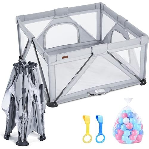 Baby Playpen Foldable, Playard for Babies and Toddlers, Portable Playpen Activity Center with 50 Balls+2 Handles for Travel, Indoor & Outdoor Play Pen with Mesh 50''x50''