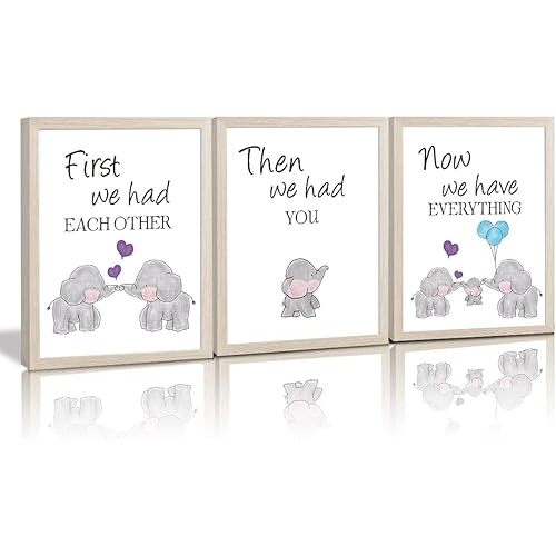 KAIRNE Watercolor Elephant Family Framed Canvas Wall Art ,First We Had Each Other Quote Art Print,Nursery Animal Love Words Picture Ready to Hang For Kids Room Decor