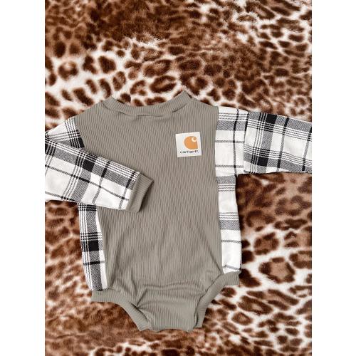 Flannel carhartt romper/  toddler clothing/ baby clothing/western / boho / trendy / vintage/ handmade/ custom baby clothes / romper /leotard
