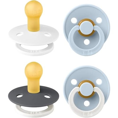 BIBS Colour Soother 4-Pack | BPA Free Dummy Pacifier | Round Nipple | Natural Rubber Latex | Made in Denmark | Size 0-6 Months | White Glow Mix