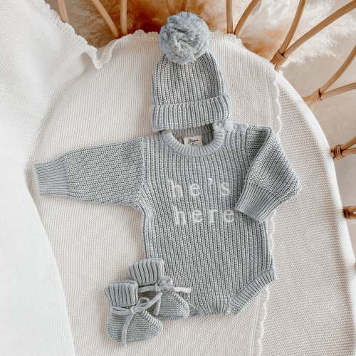 He's Here' Long Sleeve Romper Bundle - Powder Blue