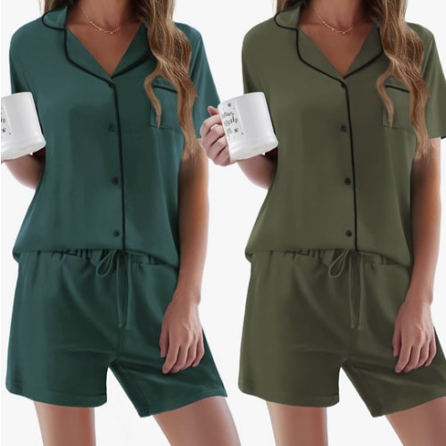 Ekouaer Womens Pajamas Set 2 Pack Button Down Summer Sleepwear Short Sleeve Comfy Pjs Loungewear Set