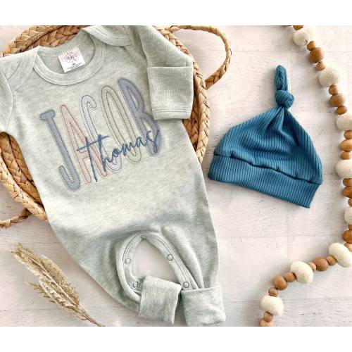 Personalized sage and slate blue romper baby boy outfit with fold over footies, custom boy coming home outfit, baby outfit, baby shower gift