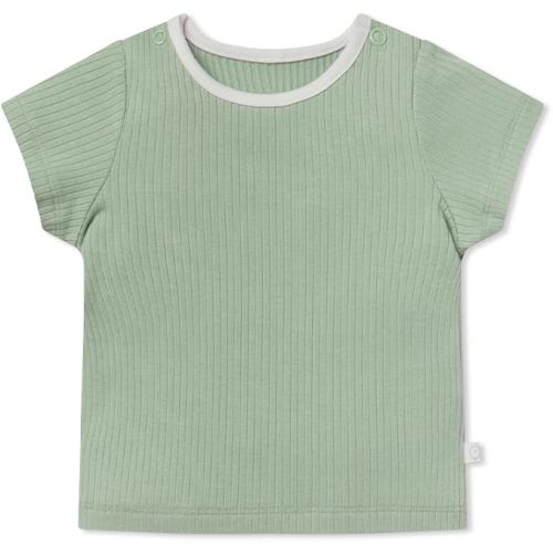 6-9 M, Ribbed Sage, MORI Baby Unisex Ribbed T-Shirt - Comfy Short Sleeve Top with Shoulder Snap Placket - Crew Neck Tee for Toddler Boys & Girls