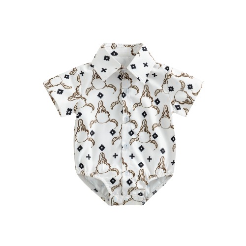 Western Baby Boy Clothes Graphic Print Onesie Dress Shirt Short Sleeve Button Down Romper Bodysuit Top Boho Cowboy Outfit