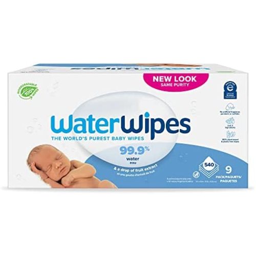 WaterWipes Plastic-Free Original Baby Wipes, 99.9% Water Based Wipes, Unscented & Hypoallergenic for Sensitive Skin, 540 Count (9 packs), Packaging May Vary