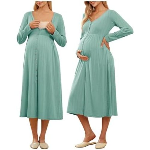OUGES Cotton Blend Maternity Pajamas Nightgown Button Down Nursing Gown Labor Delivery Breastfeeding Dress with Pockets