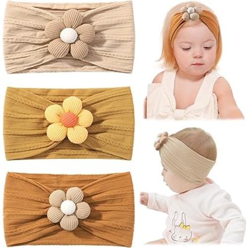 jollybows 3 Pcs Baby Girls Bows Flower Headbands Soft Nylon Hairbands with Bows Handmade Hair Accessories for Kids Toddlers Infants Newborn