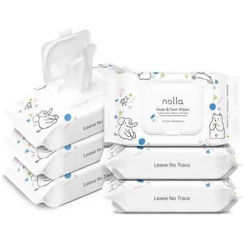 Nolla Baby Nose and Face Wipes with Saline, Vitamin E, & Aloe | Unscented | Compostable, 180 Count (6 Packs of 30)