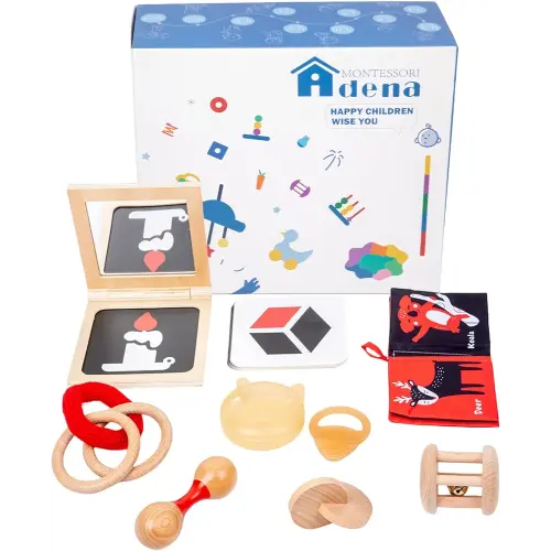 Montessori Play Kit for 0-6 Month Baby Tummy Time Interactive Toys Baby Brain Development Toys Rattle Montessori Toy Interlocking Rings Black, White Card Soft Book and Wooden Book Frame with Mirror